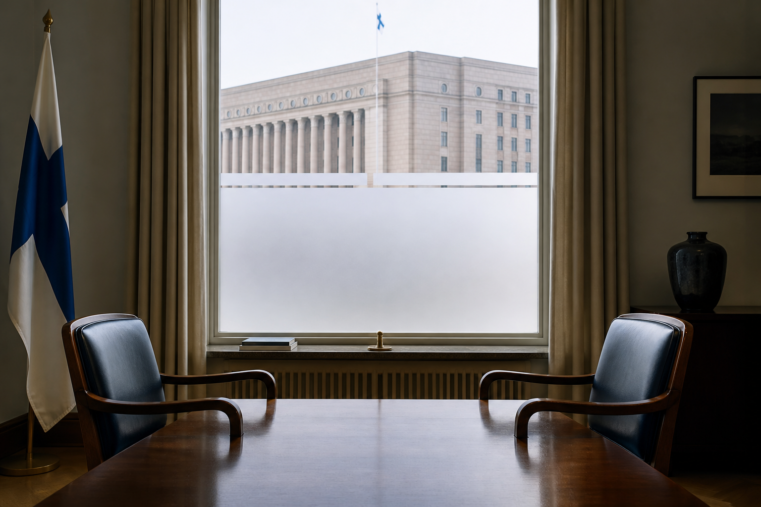 Kaksi tyhjää tuolia vastakkain neuvotteluhuoneessa, taustalla ikkunasta siivilöityy valoa ja näkyy valtionhallinnon rakennus. Symboloi halli