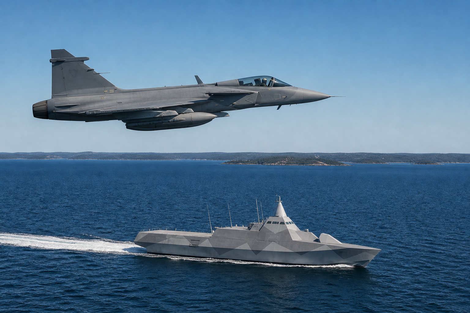 Ruotsalainen Gripen-hävittäjä lentää Itämeren yllä Visby-luokan korvetin kanssa. Taustalla näkyy Suomen rannikkoa.