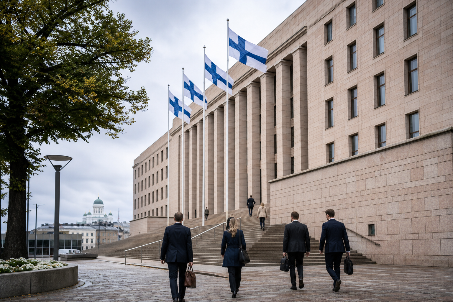 Valtioneuvoston linna Helsingissä. Julkisivu, Suomen liput, muutamia ihmisiä portailla.