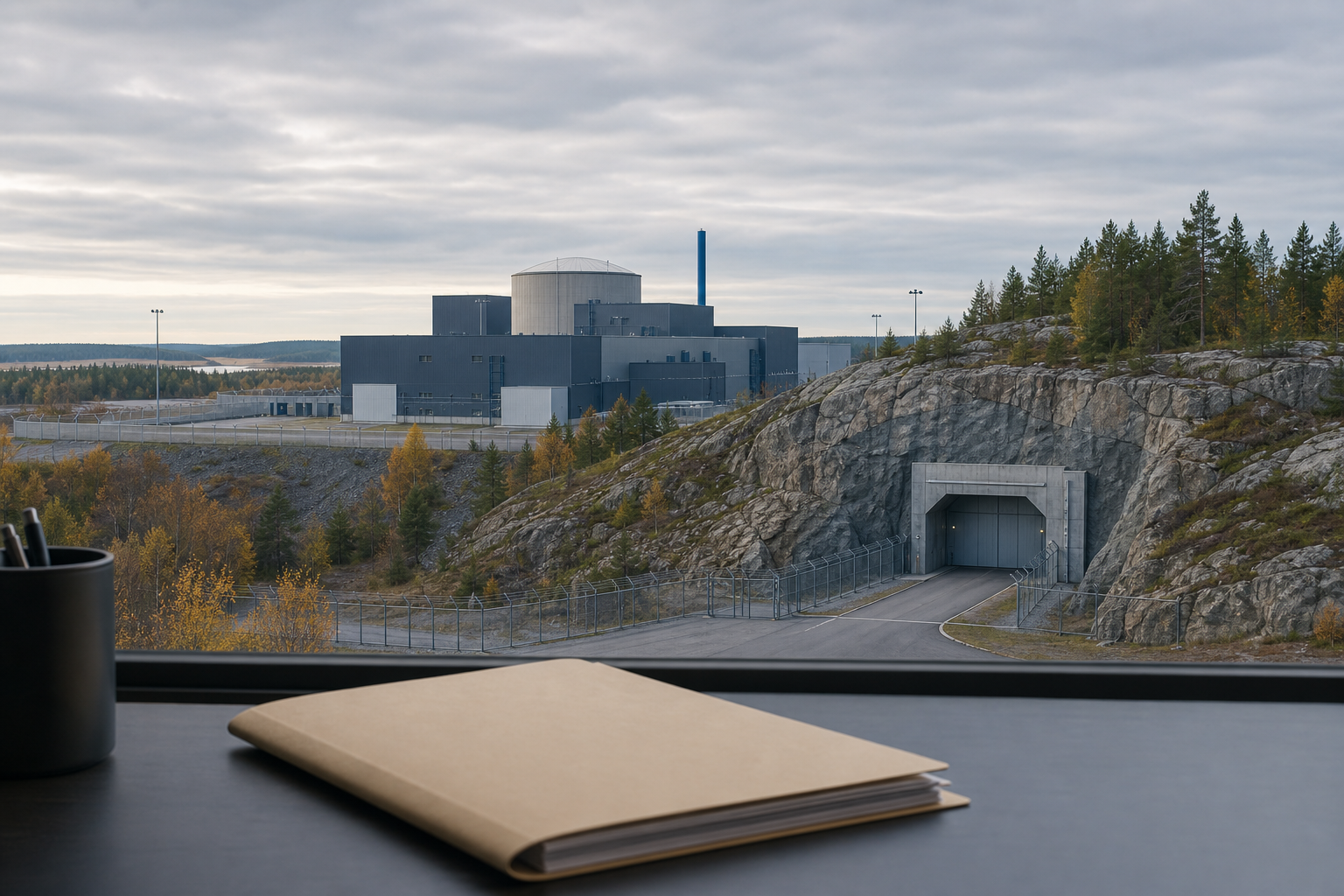Symbolinen näkymä loppusijoituslaitoksen tunnelille ja pöydällä olevaan viranomaisasiakirjaan.