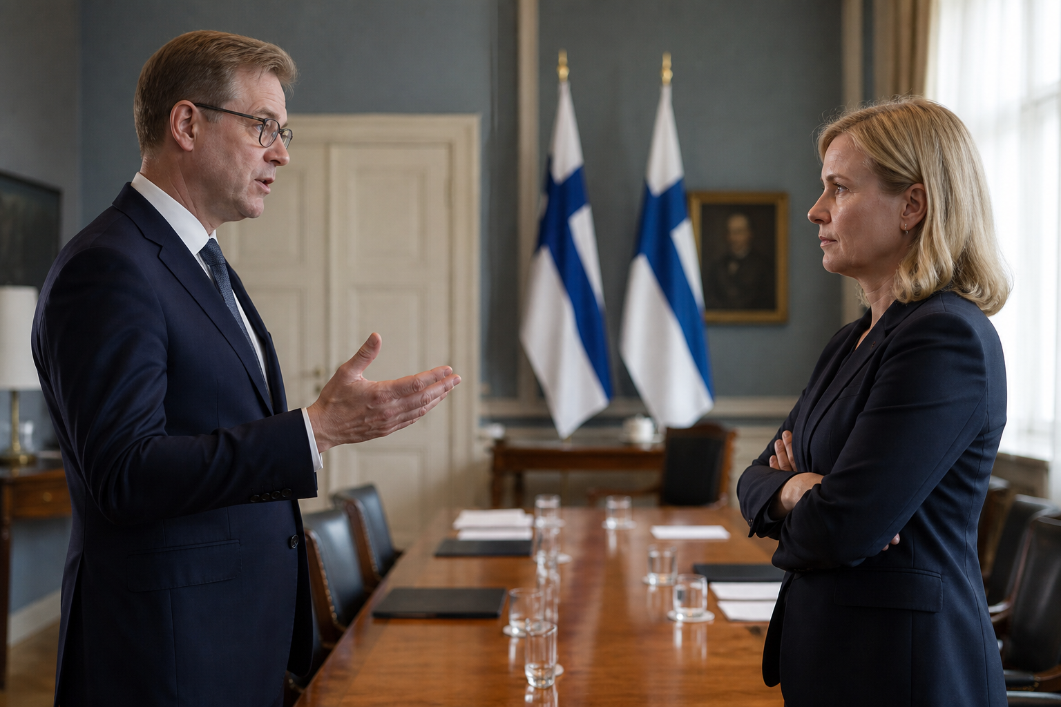 Kaksi ministeriä seisoo vastakkain pitkän neuvottelupöydän ääressä virallisessa kokoushuoneessa. Taustalla Suomen liput ja asiakirjoja.
