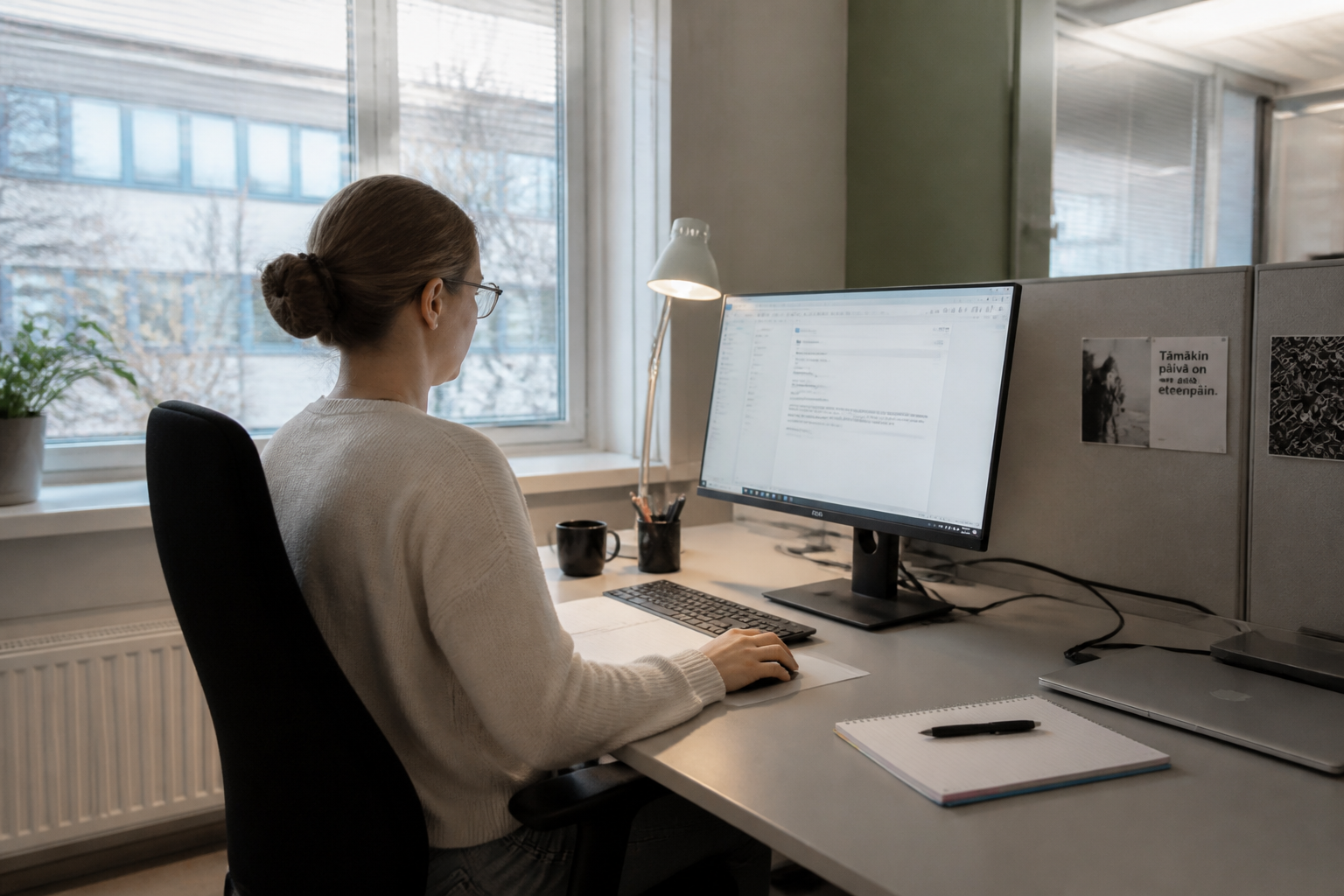 Henkilö työskentelee osa-aikaisesti toimistossa tietokoneen ääressä.