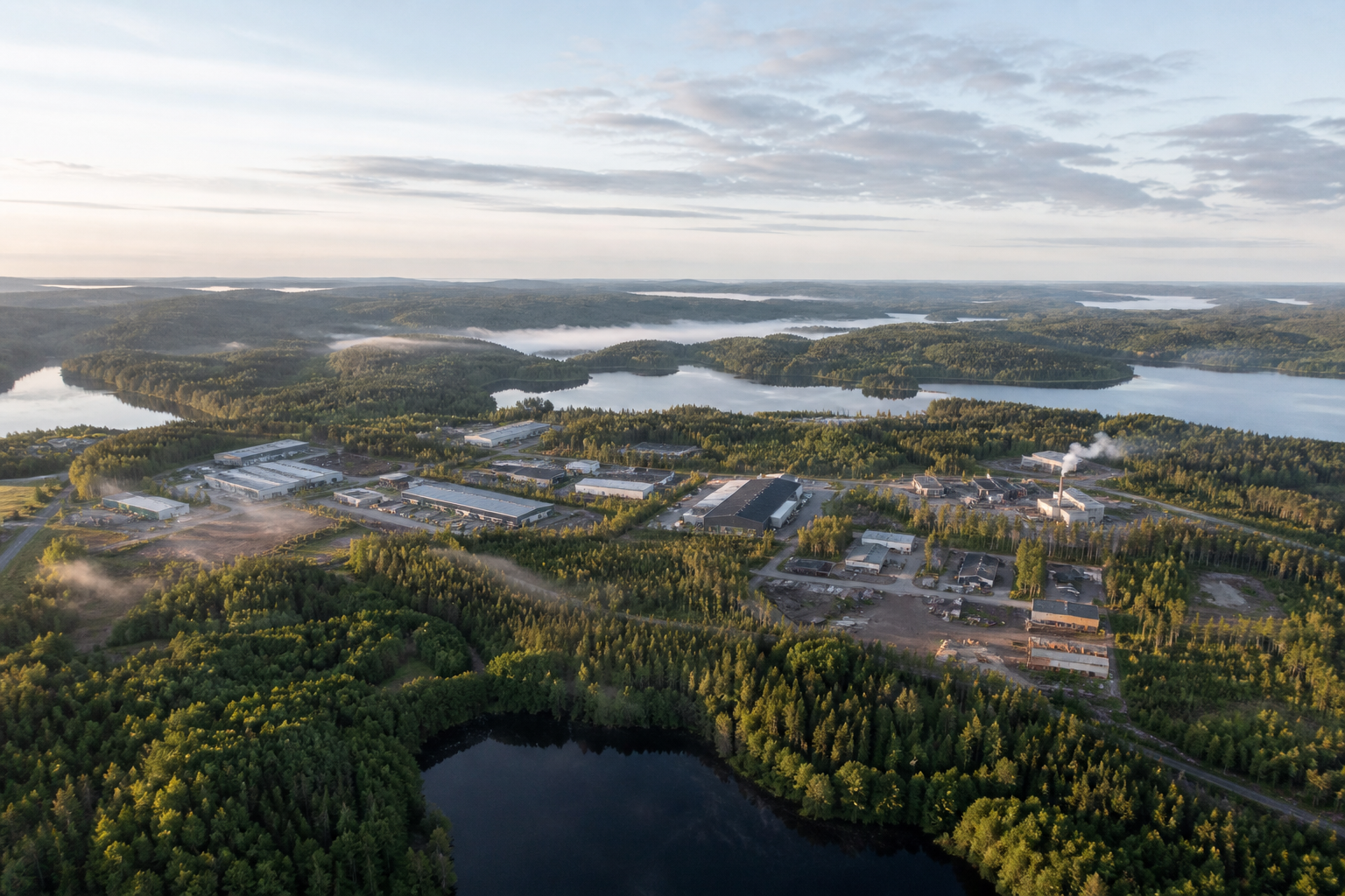 Ilmakuva itäsuomalaisesta järvimaisemasta, jossa näkyy metsää ja pieni teollisuusalue aamun valossa.