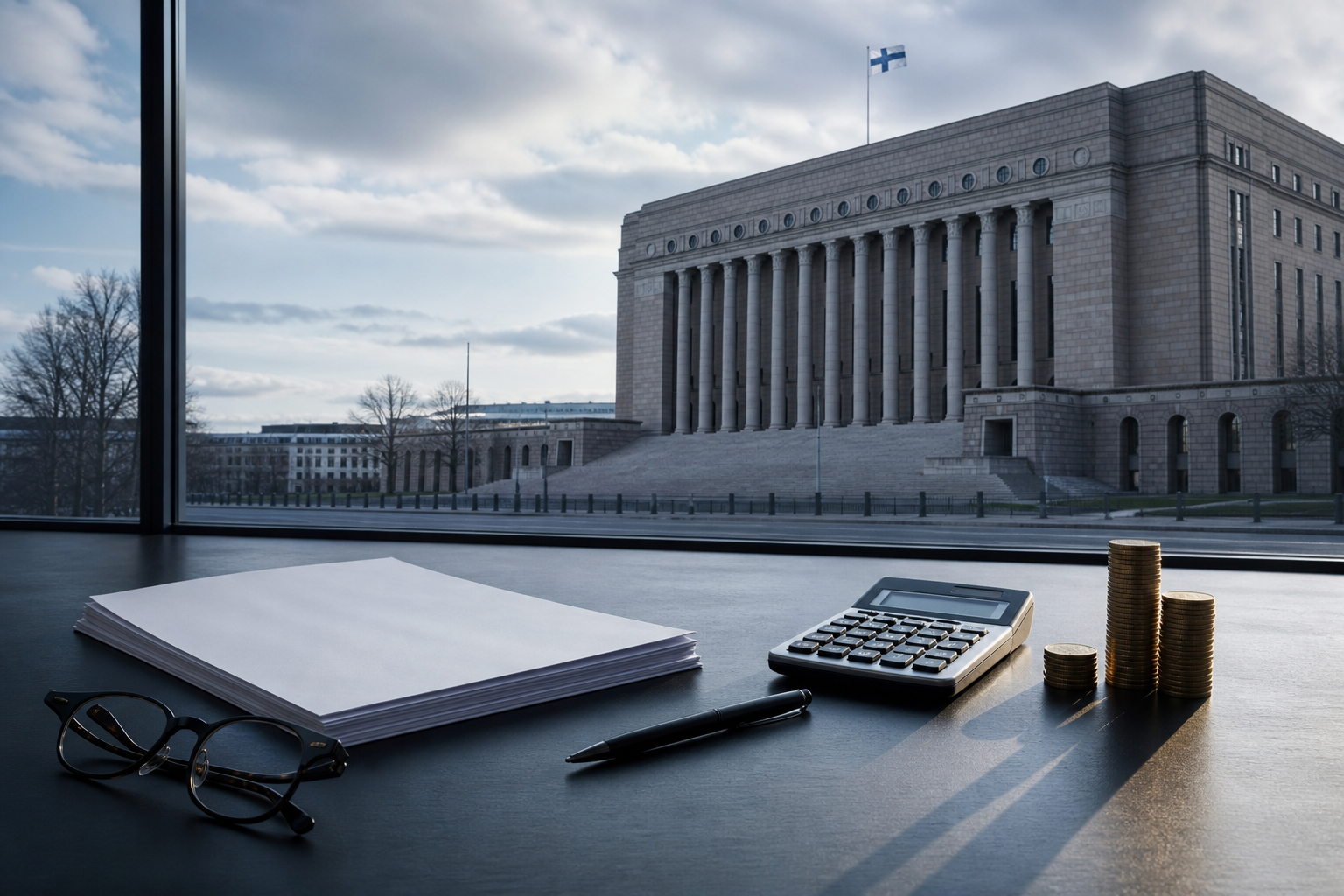 Budjettipapereita, laskin ja eurokolikoita valtionhallinnon rakennuksen edustalla.