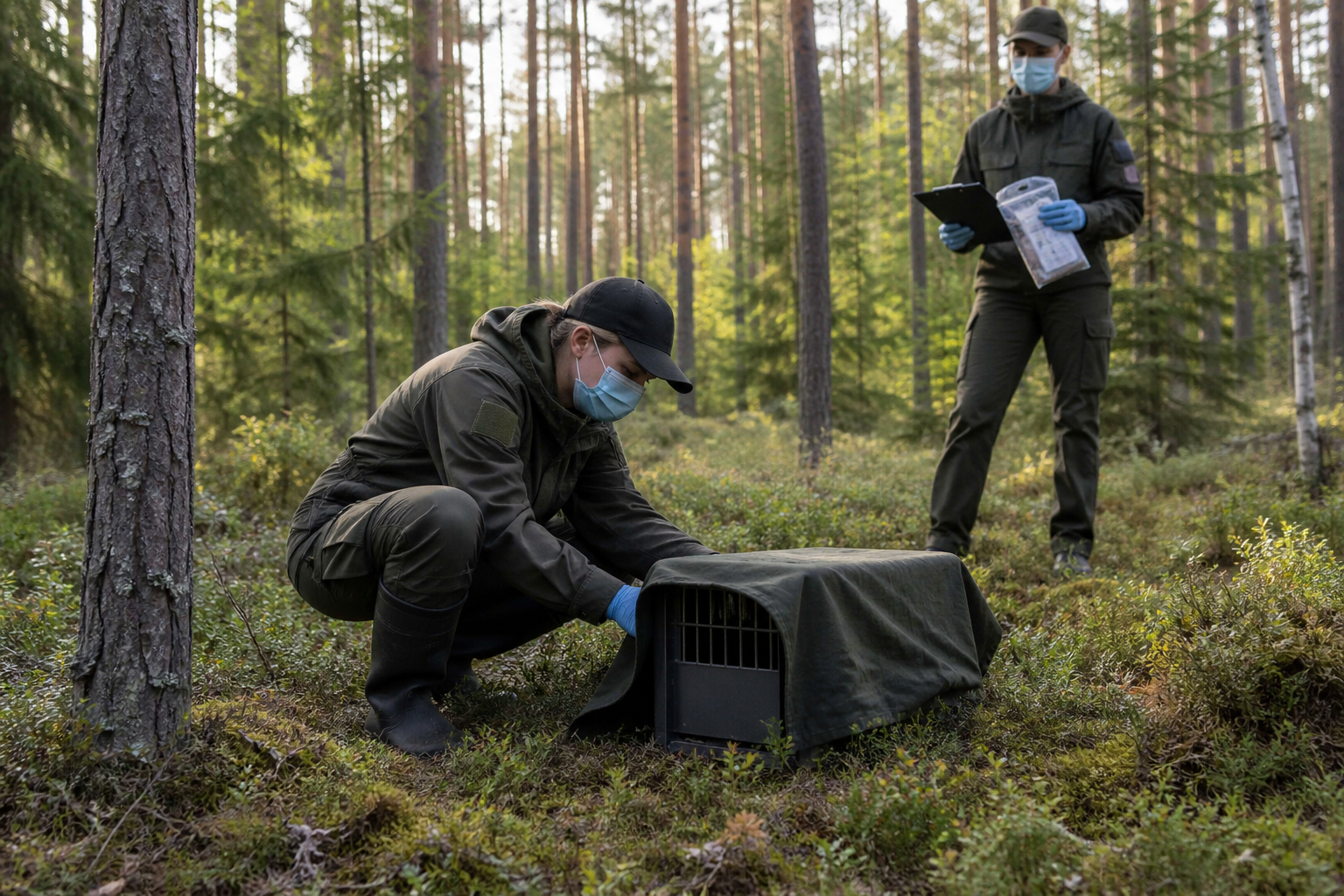 Kaksi suojavarusteista viranomaista tutkii metsäaukiota Virolahdella. Toinen tarkastaa eläinkuljetuslaatikkoa, toinen pitää kirjaa. Taustall