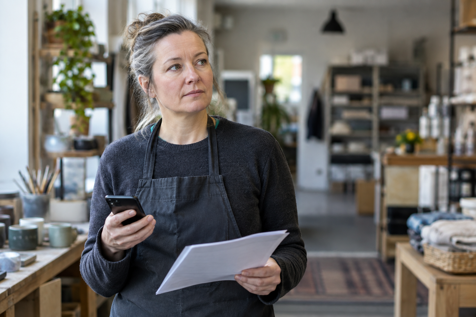 Pienyrittäjä työtilassaan katsoo asiakirjoja ja pohtii tulevia eläkemaksuja, taustalla liiketoiminnan arkea.