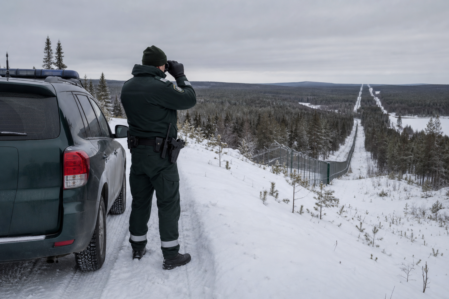 Rajavartijan ajoneuvo ja virkapukuinen henkilö tarkkailemassa lumista itärajan rajavyöhykettä.