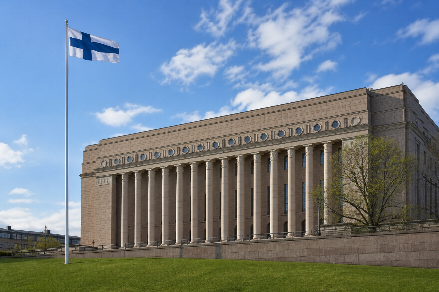 Eduskuntatalo Helsingissä sinistä taivasta vasten, Suomen lippu liehuu lipputangossa.