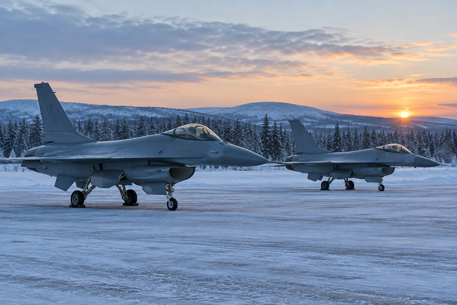 Kaksi harmaata F-35A-hävittäjää lumisella lentokentällä Lapissa aamunkoitteessa, taustalla metsää ja vaaroja.