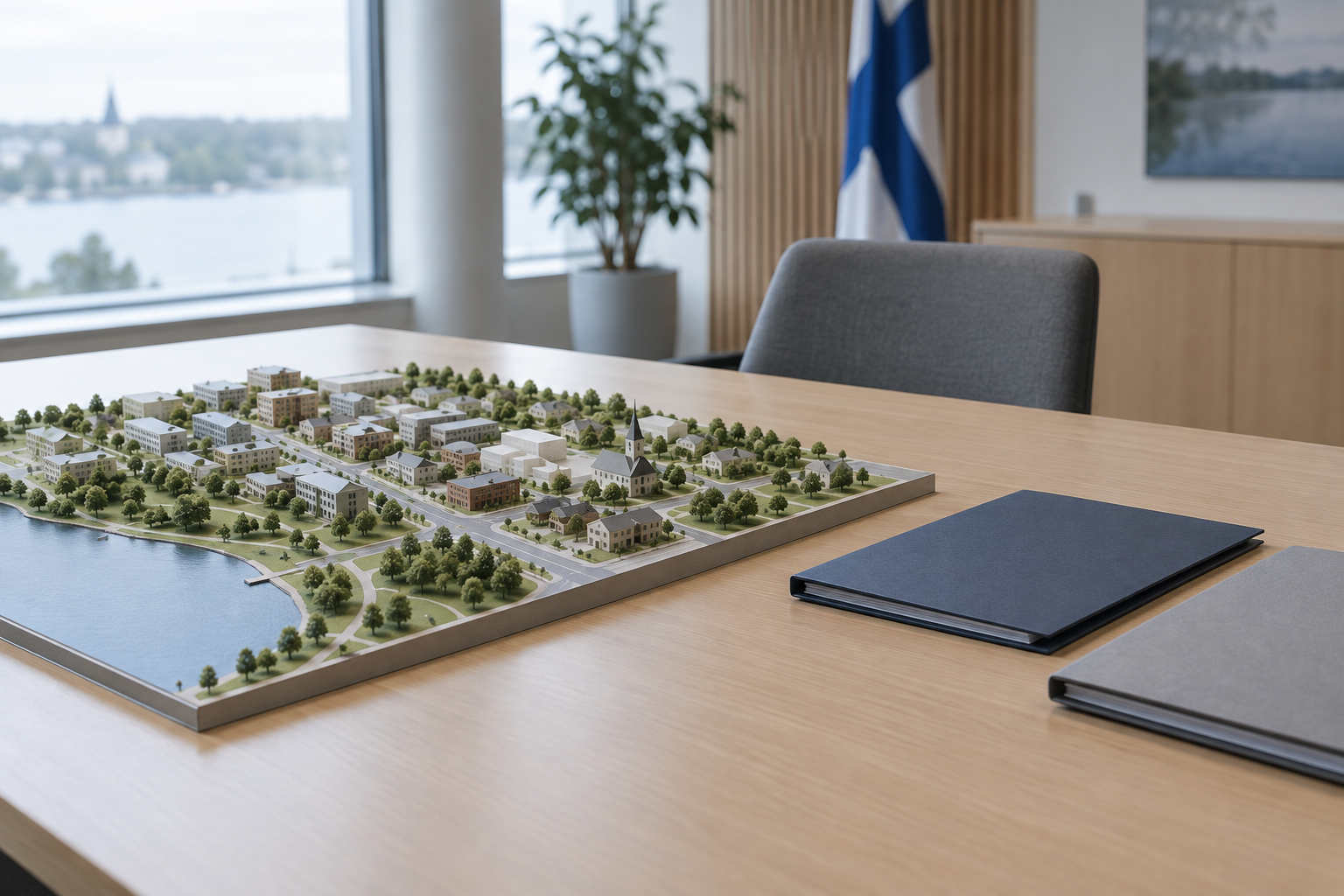 Pienoismalli kaupungin rakennuksista ja viheralueista sekä kaksi suljettua asiakirjakansiota neuvottelupöydällä.
