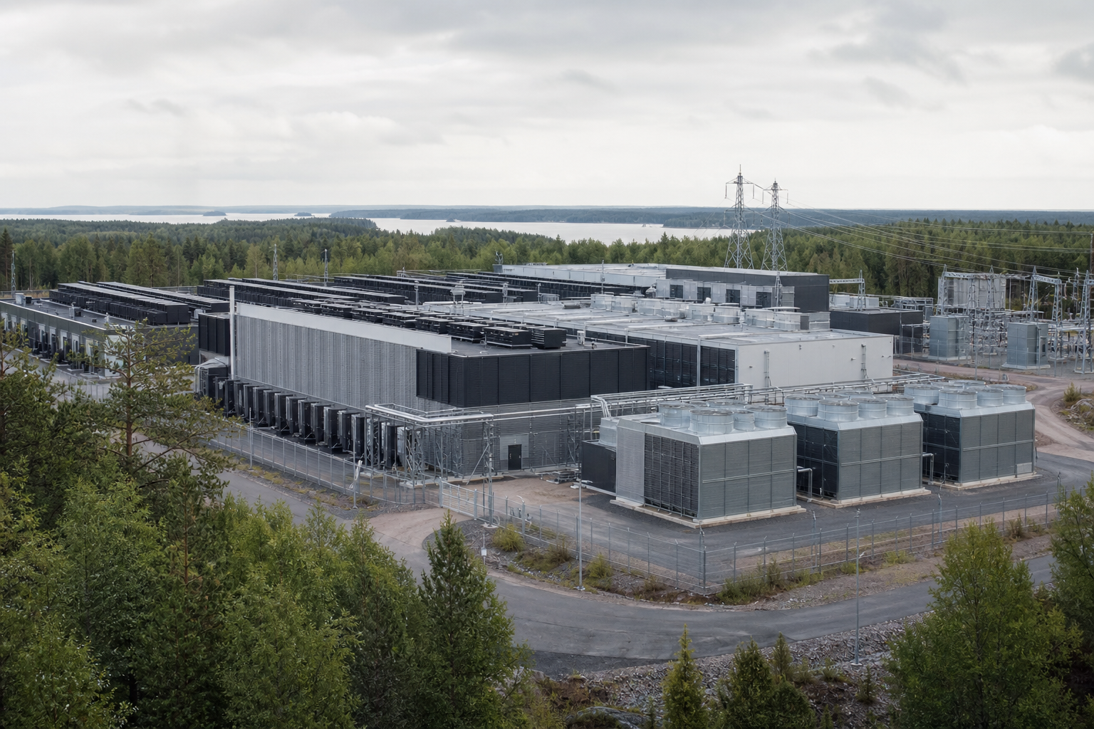 Datakeskuksen ulkopuoli Suomessa: palvelinrakennuksia, jäähdytyslaitteita ja voimalinjoja ympäröivässä maisemassa.