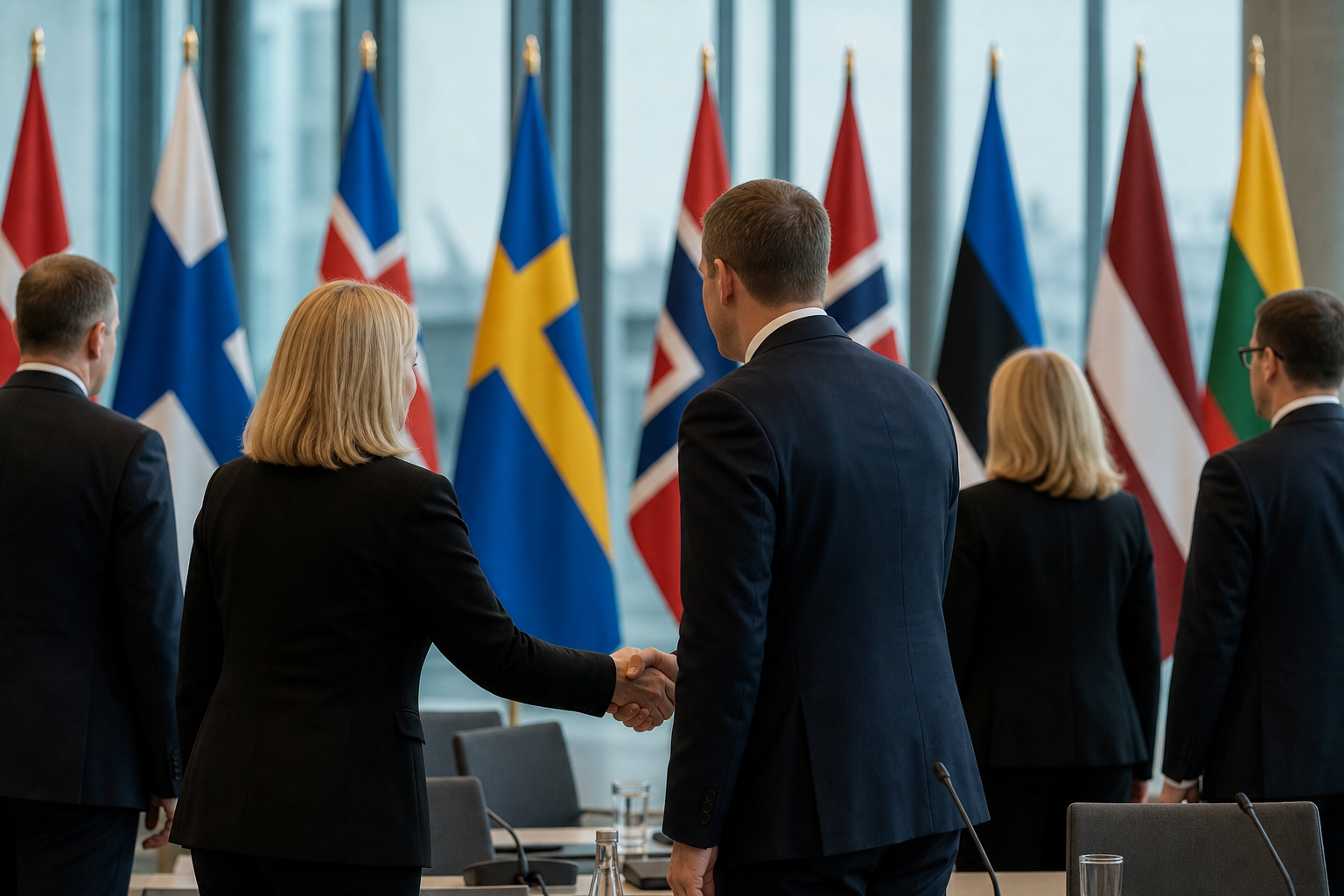 Pohjoismaiden ja Baltian maiden energiaministerit kättelevät Tallinnan kokouksessa, taustalla Pohjoismaiden ja Baltian maiden lippuja.