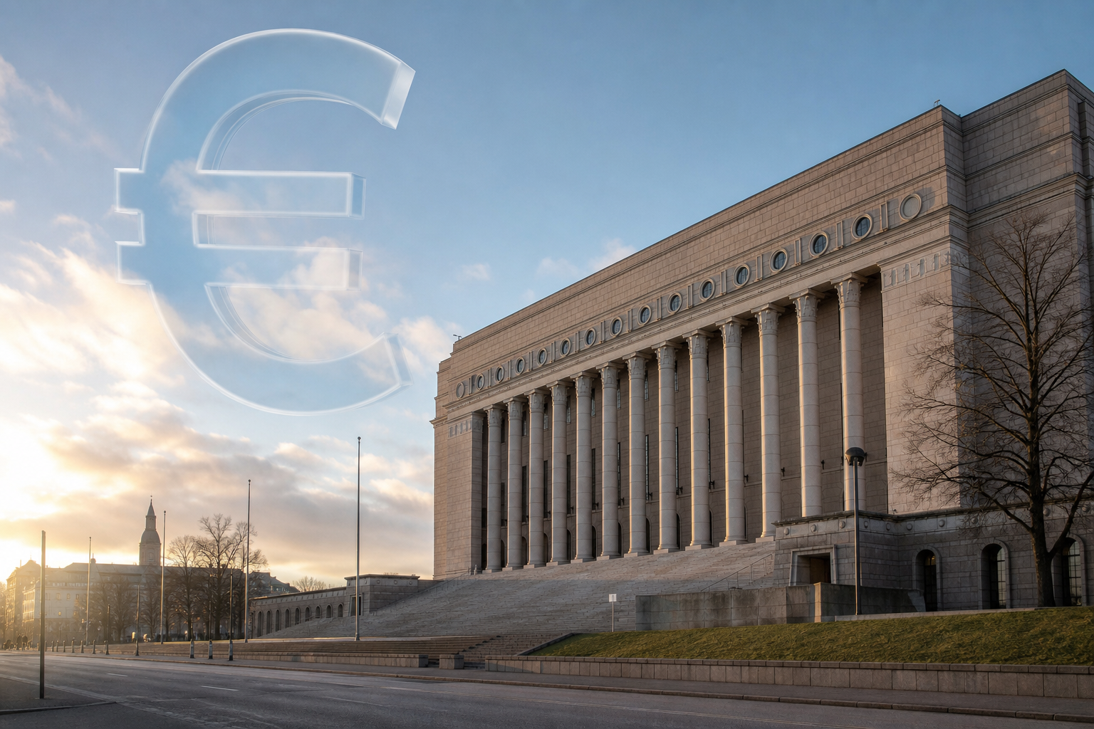 Eduskuntatalo aamun valossa, taivaalla tyylitelty euron symboli kuvaamassa budjettikeskustelua.