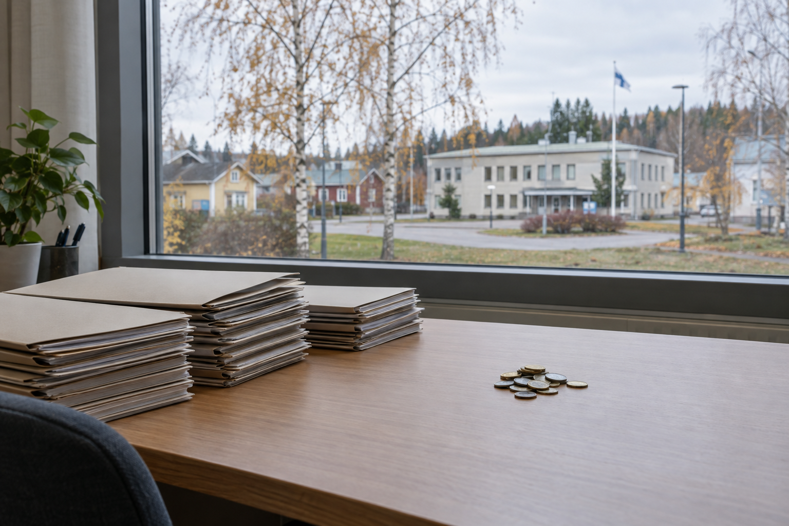 Kunnan toimiston pöydällä on hakemuskansioita ja muutama kolikko. Ikkunasta näkyy pieni suomalainen taajama.