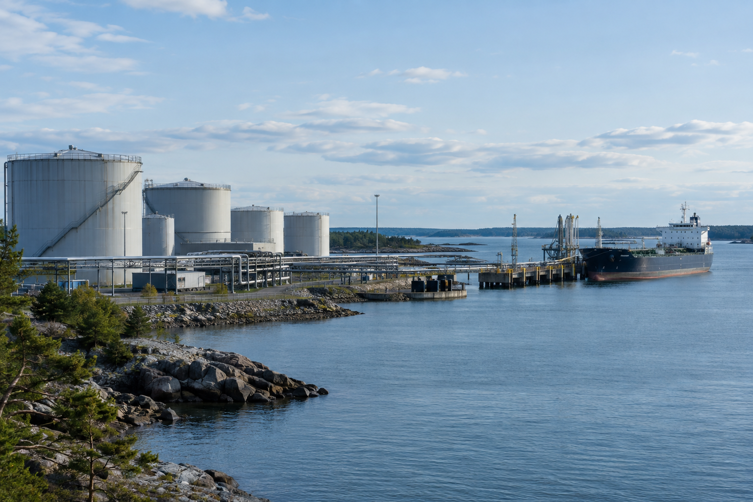 Öljysäiliöitä ja putkistoja rannikon energiaterminaalissa, taustalla laituriin kiinnitetty säiliöalus.