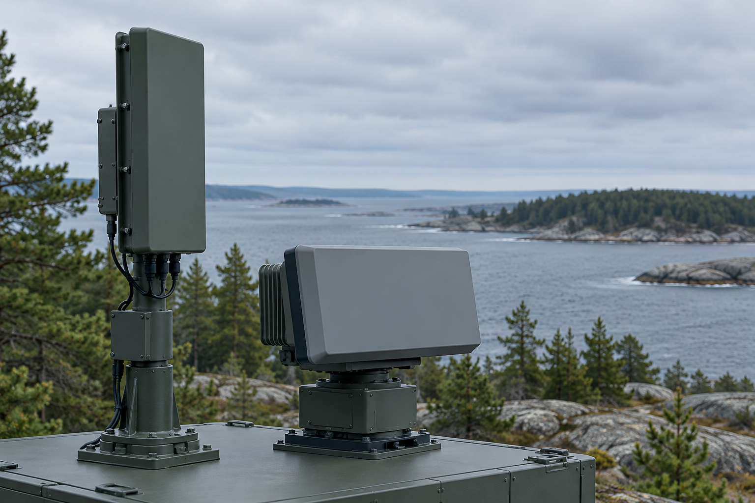 Havainnekuva droonien havainnointiin tarkoitetuista anturilaitteista, taustalla metsäinen rannikko ja harmaa meri.