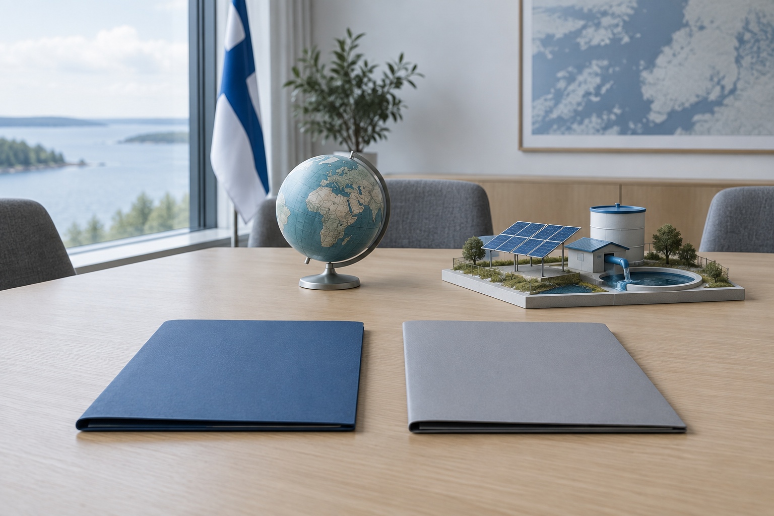 Neuvottelupöydällä on kaksi kansiota, maapallo sekä aurinkopaneelien ja vesihuoltolaitoksen pienoismalli.