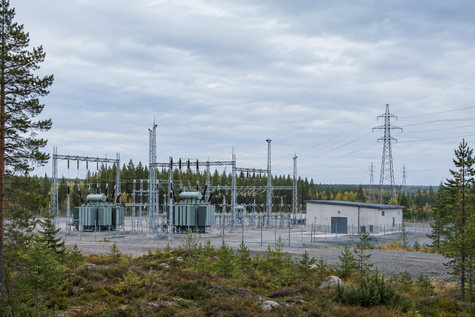 Sähköaseman muuntajia ja voimajohtoja metsäisessä maisemassa pilvisen taivaan alla.