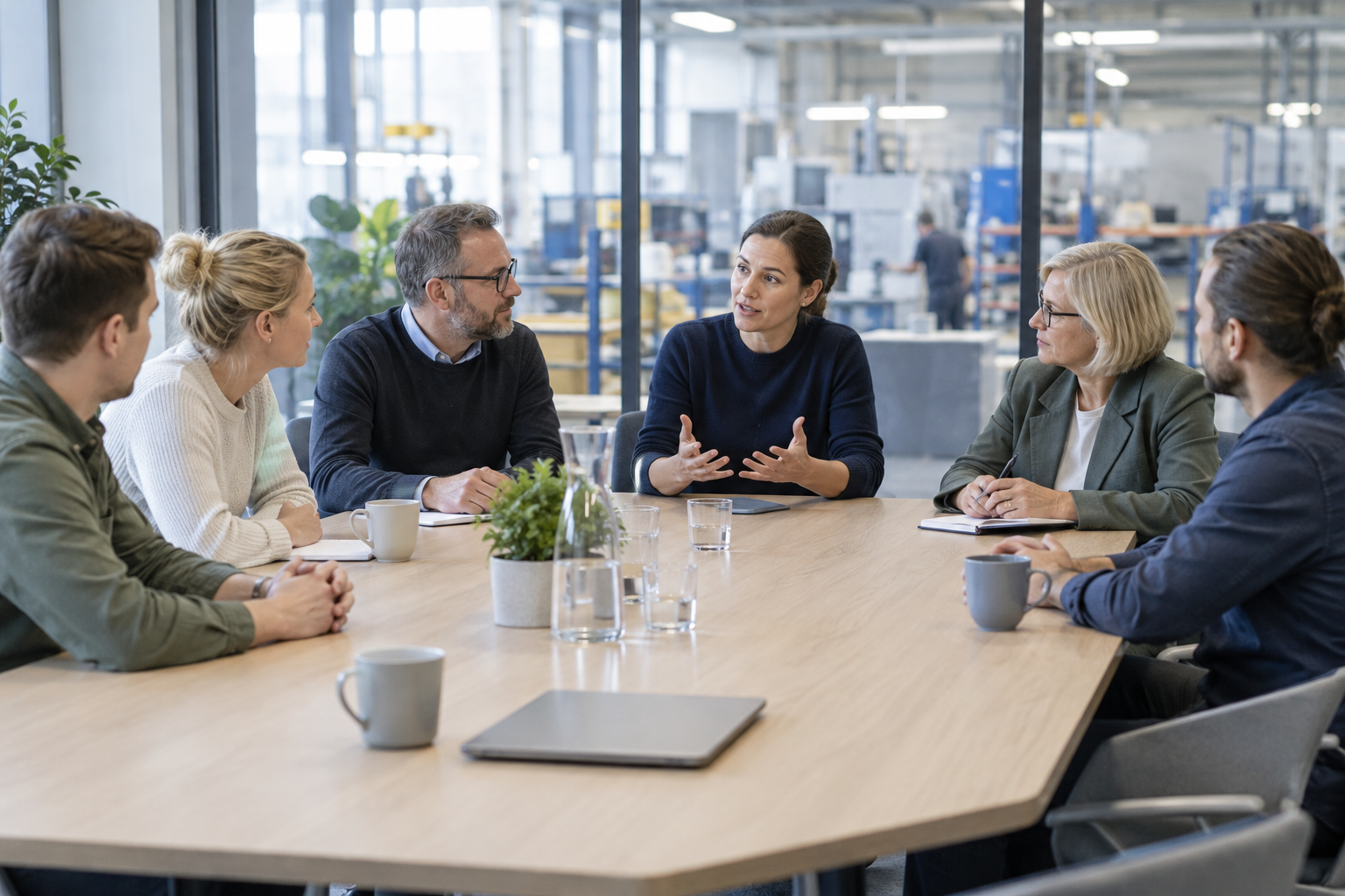 Työntekijöitä ja yrityksen johtoa keskustelemassa yhteisen pöydän ääressä neuvotteluhuoneessa.