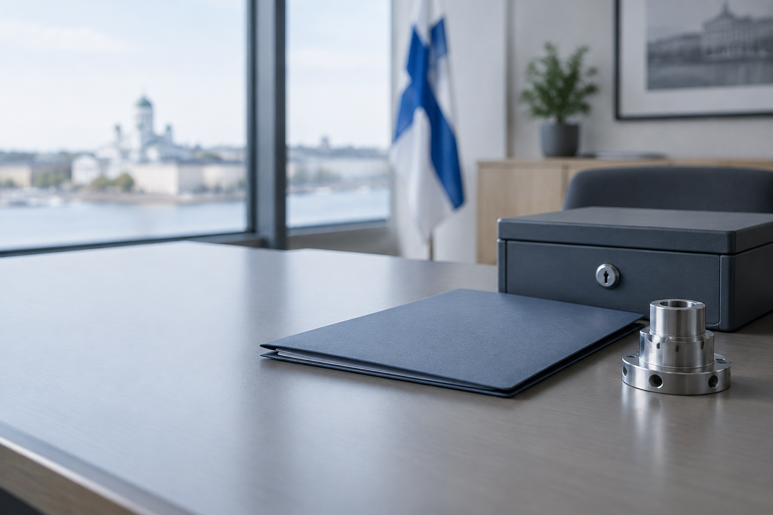 Suljettu asiakirjakansio, pieni metallinen koneenosa ja lukittava säilytysrasia toimiston pöydällä.