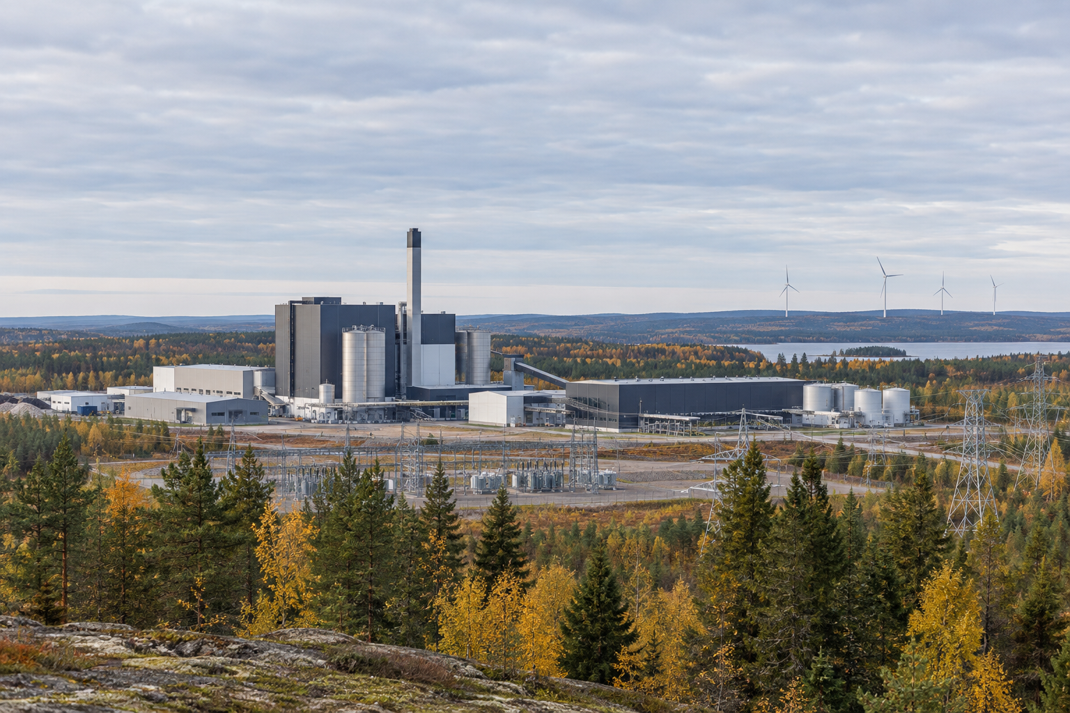 Moderni teollisuuslaitos ja sähköinfrastruktuuria metsämaisemassa, taustalla tuulivoimaloita pilvisen taivaan alla.