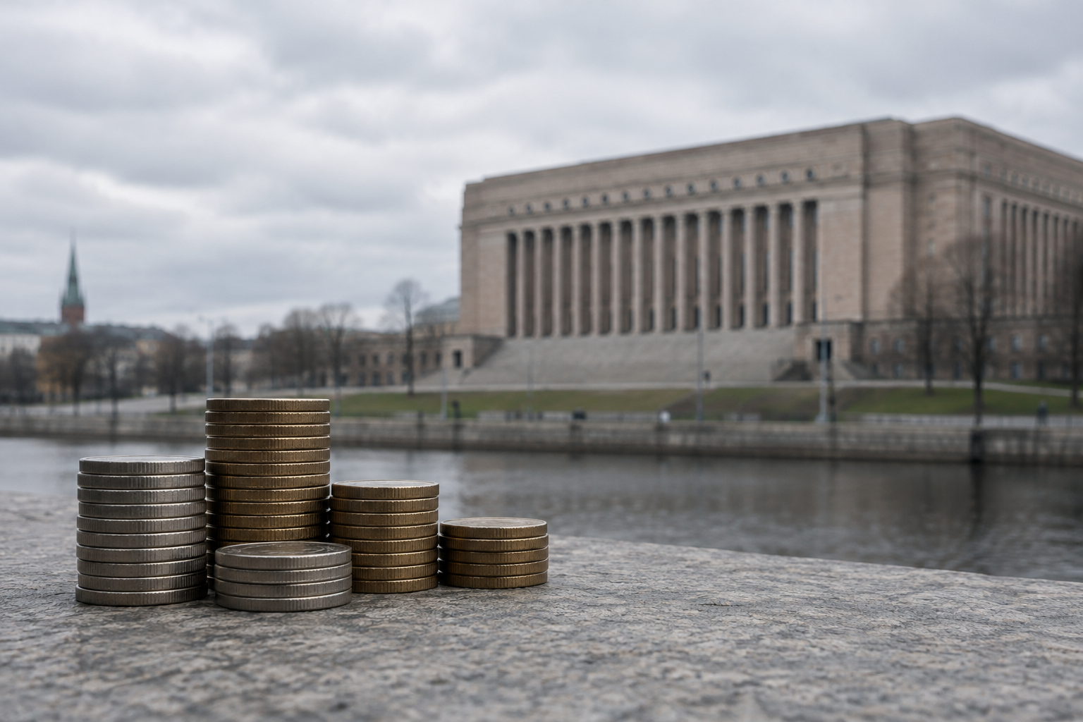 Tunnuksettomia kolikkopinoja kivitasolla, taustalla epätarkka Eduskuntatalo pilvisessä päivänvalossa.