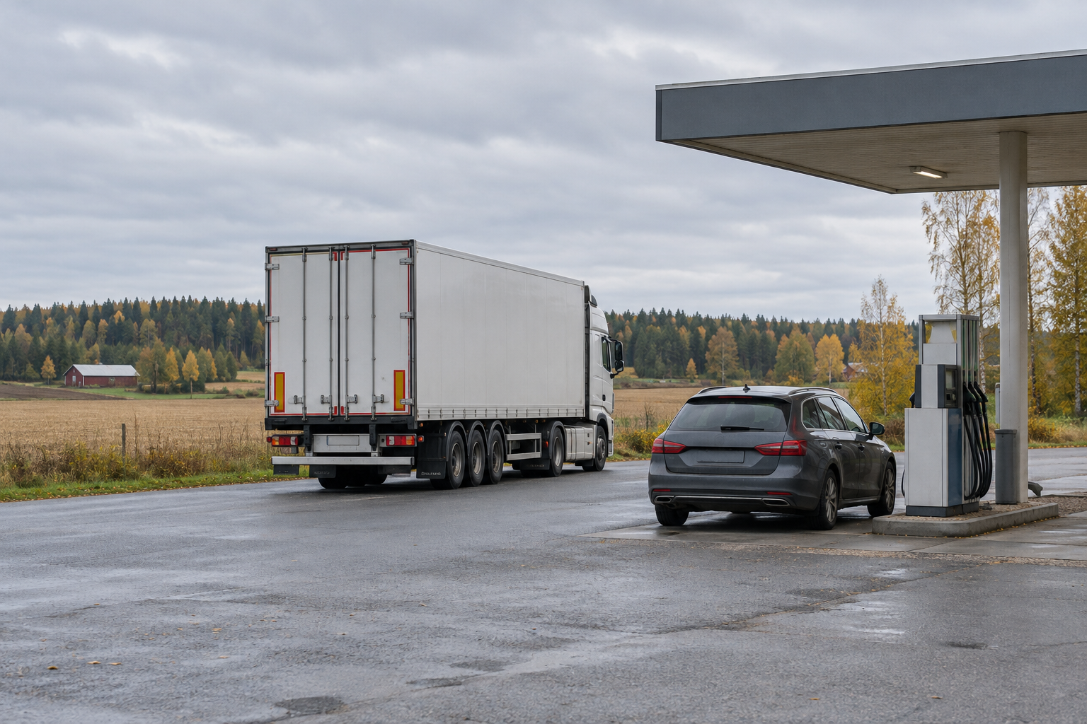 Henkilöauto ja kuorma-auto maaseudun huoltoasemalla, taustalla peltoa ja metsänreuna.
