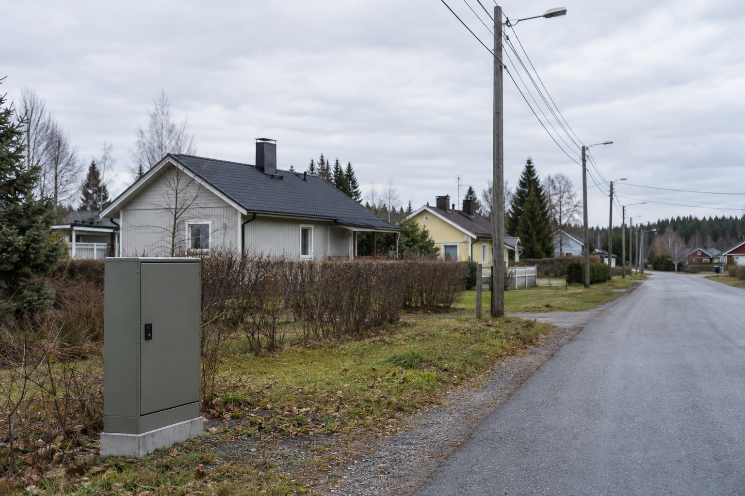 Sähkönjakokaappi asuinkadun varrella, taustalla omakotitaloja ja sähkölinjoja.