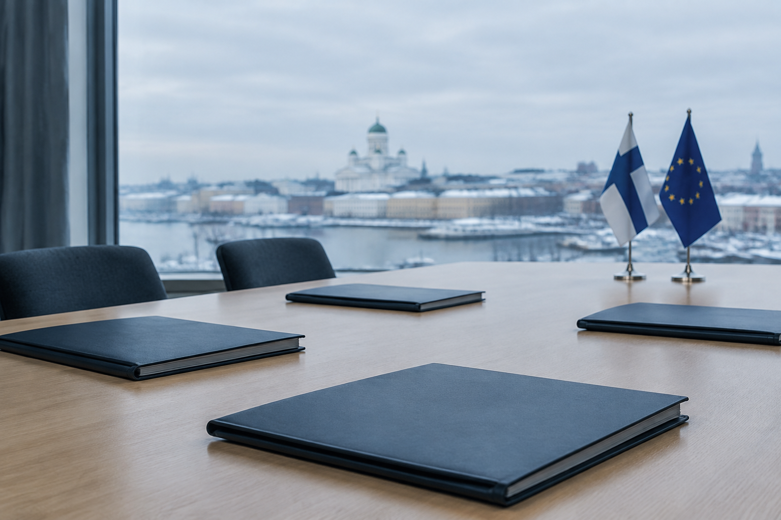 Nimettömiä asiakirjakansioita kokouspöydällä, Suomen ja EU:n liput sekä ikkunan takana talvinen Helsinki.