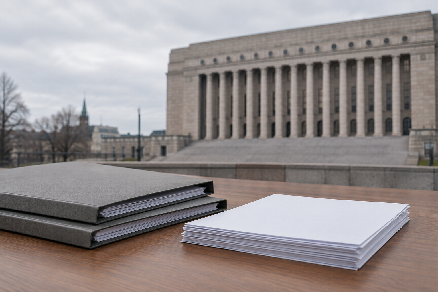 Suljettuja asiakirjakansioita ja paperipino puupöydällä, taustalla epätarkkana Eduskuntatalon pylväsjulkisivu.