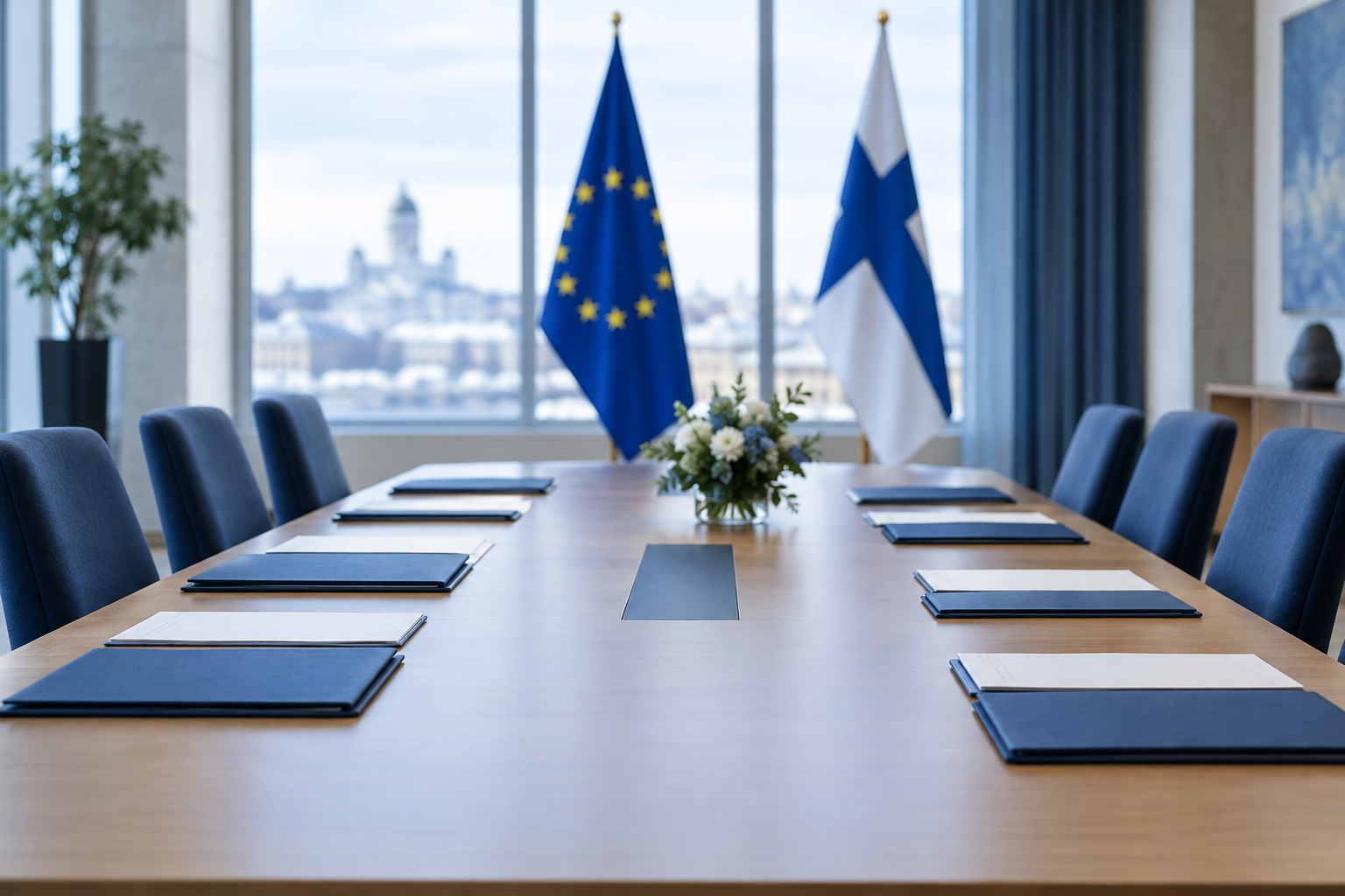 Tyhjä neuvottelupöytä ja asiakirjakansioita, taustalla Suomen ja EU:n liput.