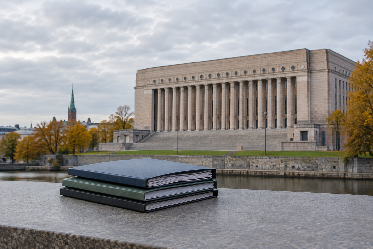 Symbolinen kuvitus: suljettuja asiakirjakansioita kivitasolla ja taustalla Suomen eduskuntatalo syksyisessä valossa.