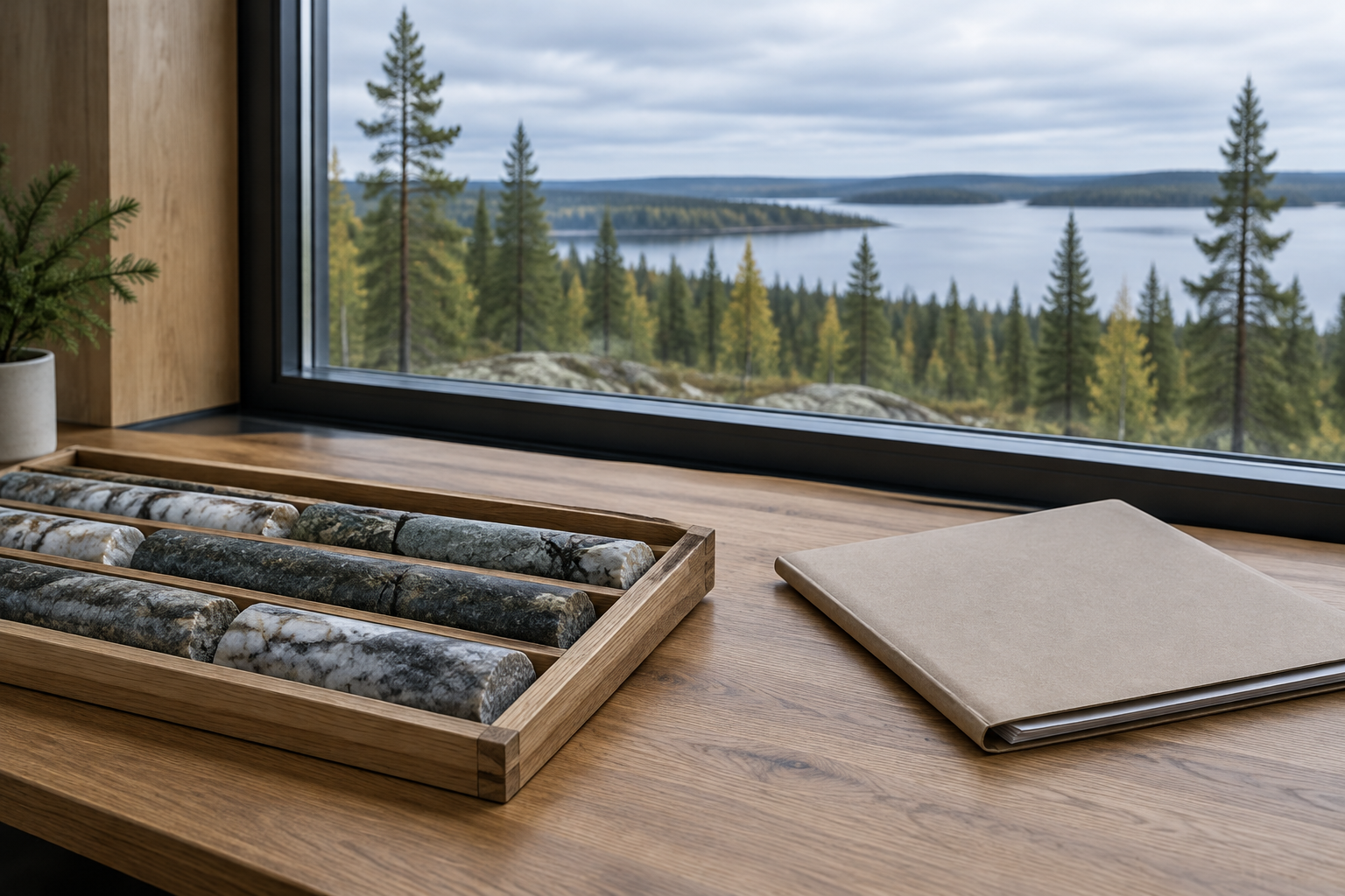 Kivinäytteitä ja suljettu asiakirjakansio pöydällä. Ikkunan takana näkyy havumetsää ja järvi.
