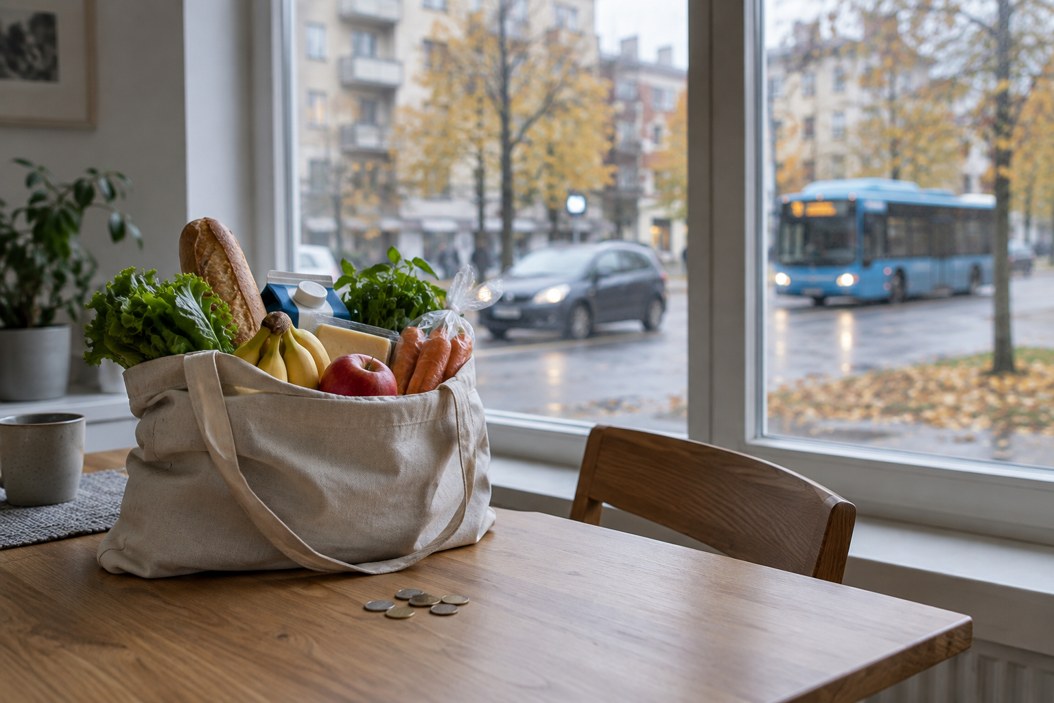 Ruokakassi ja kolikoita keittiön pöydällä. Ikkunan takana näkyy epätarkasti auto ja kaupunkibussi.