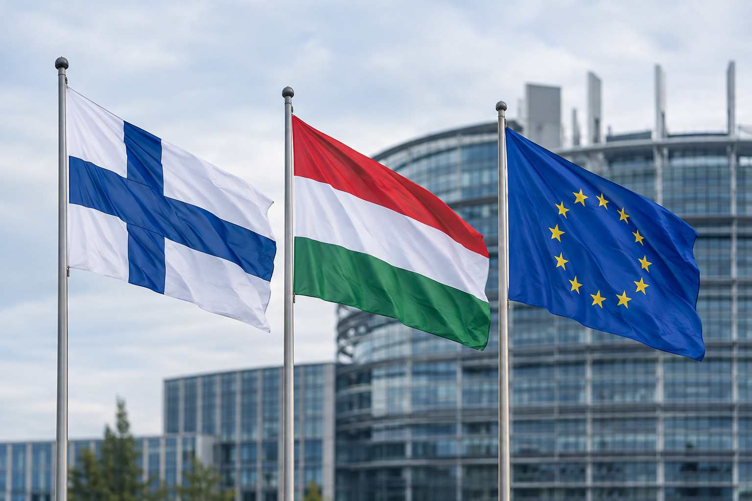 Suomen, Unkarin ja Euroopan unionin liput modernin hallintorakennuksen edustalla.
