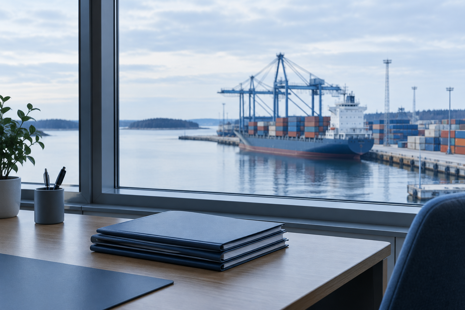 Suljettuja asiakirjakansioita toimiston pöydällä. Ikkunan takana näkyy rahtisatama, kontteja ja laiva.