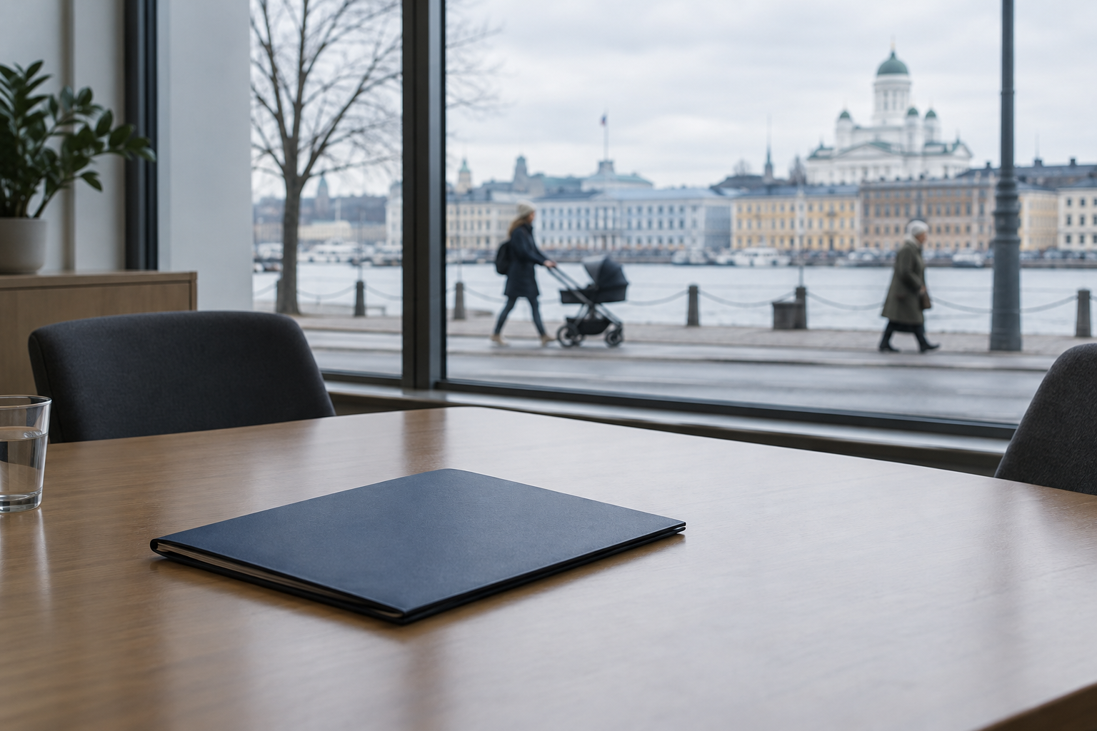 Valtionhallinnon työhuoneen pöydällä on asiakirjakansio. Ikkunan takana näkyy lastenvaunuja työntävä vanhempi ja iäkäs kävelijä.